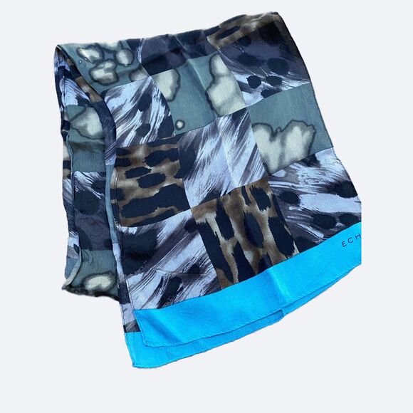 Vintage ECHO Silk Scarf Long Rectangle Animal Print Patchwork Logo Blue Sheer - Picture 4 of 5